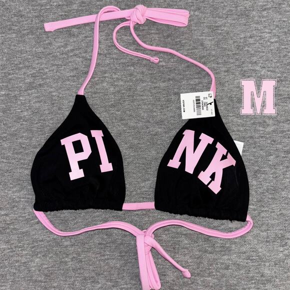 Victoria’s Secret PINK Limited Edition Black & Pink Logo String Bikini Top - MD - Picture 1 of 4